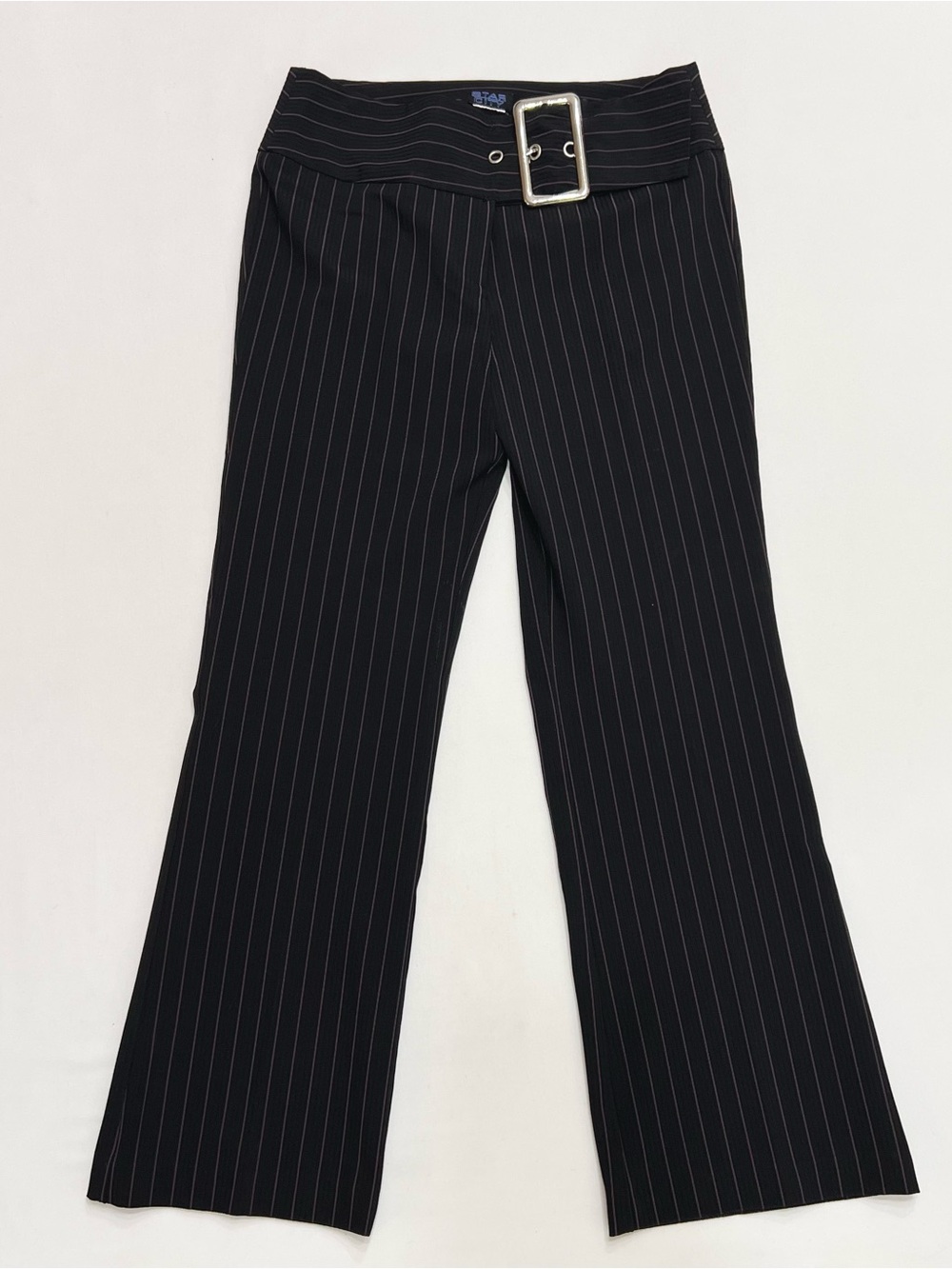 Vintage Y2K Black Pinstripe Belted Flare Pants Low Rise Office Chic Tailored